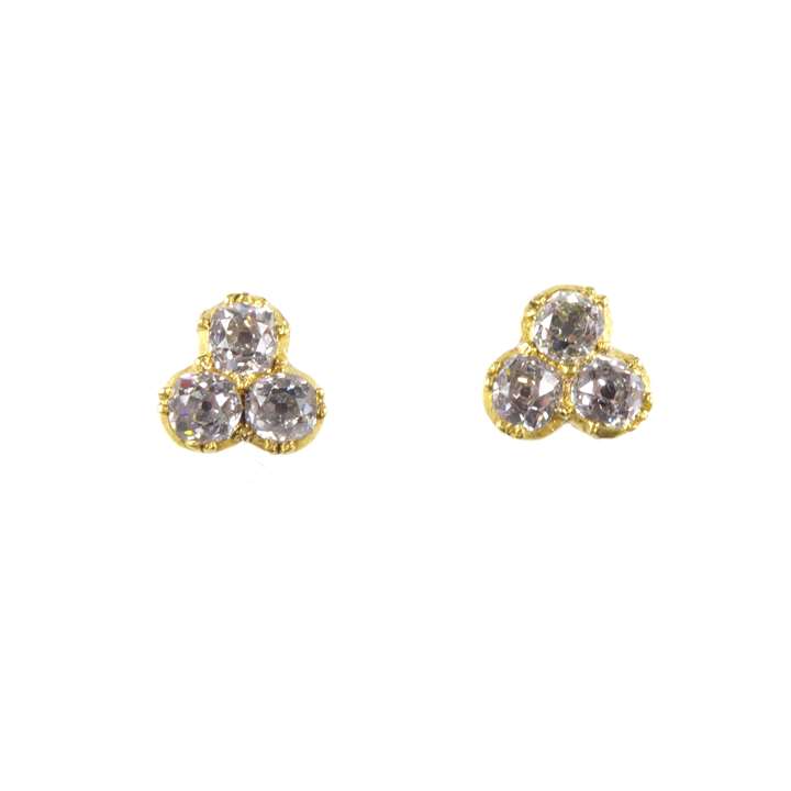 Pair of antique cushion diamond trefoil cluster stud earrings